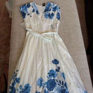 Taylor V-Neck, Mock Wrap, Maxi Dress, Blue And White Floral Size 8 NWT
